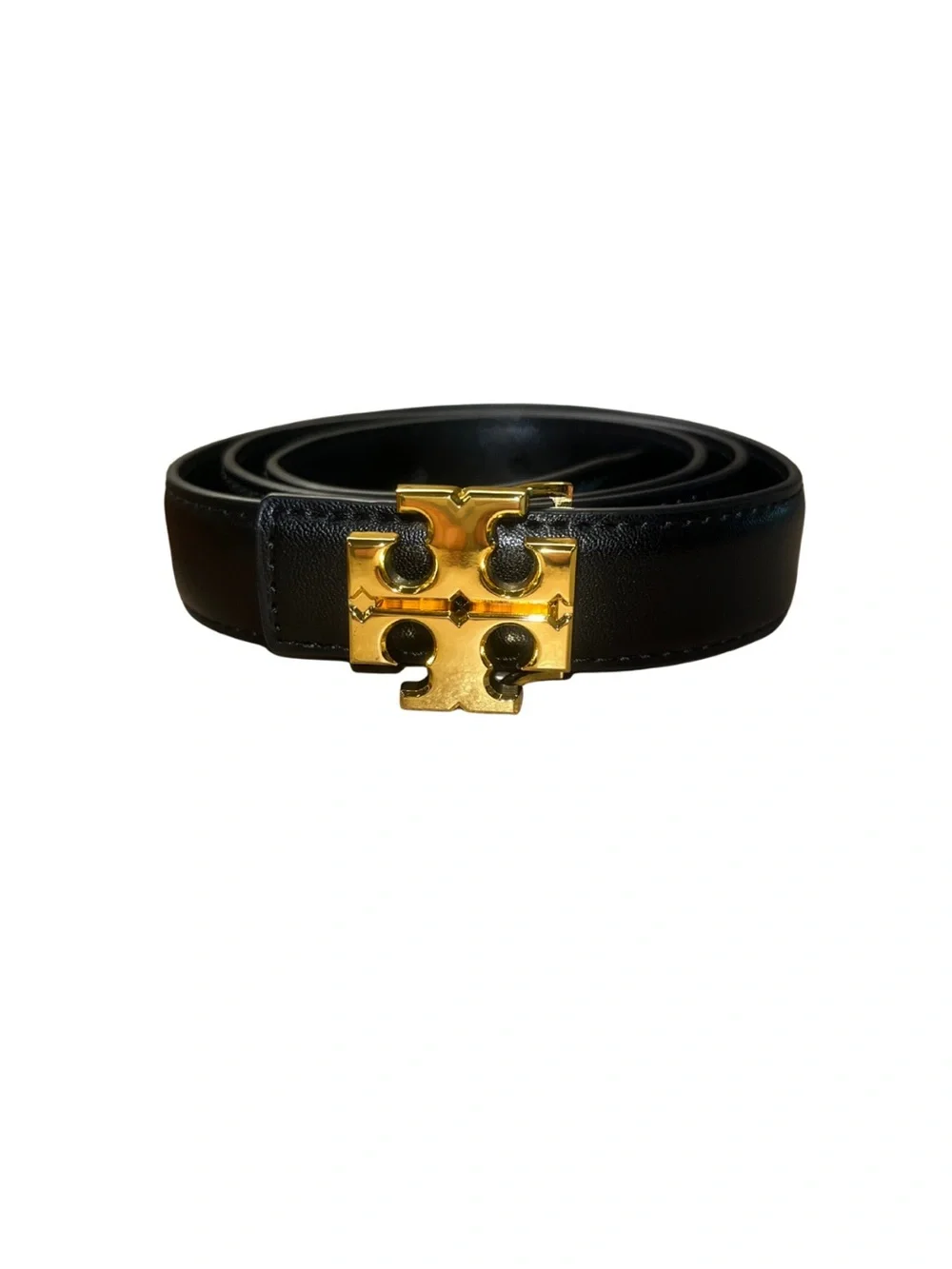 Black Leather Men's Belt with Gold Logo Accent